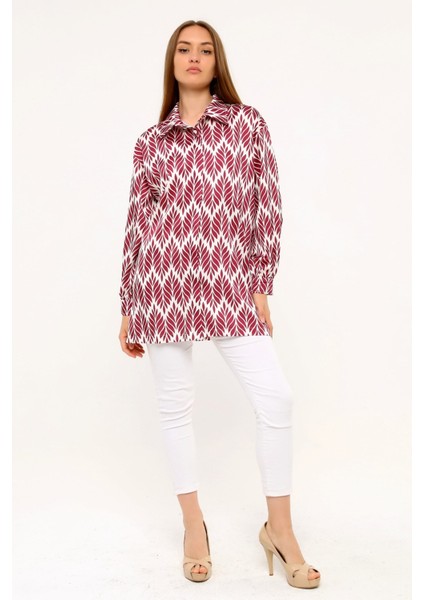 Yaprak Desenli Gömlek Yaka Manşetli Baskılı Saten Bordo Kadın Gömlek fırsatları