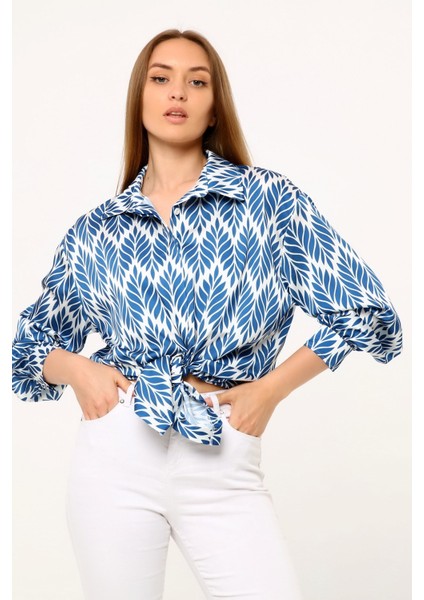 Yaprak Desenli Gömlek Yaka Manşetli Baskılı Saten Indigo Kadın Gömlek