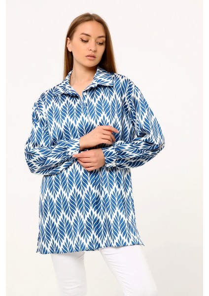 Yaprak Desenli Gömlek Yaka Manşetli Baskılı Saten Indigo Kadın Gömlek fiyatları