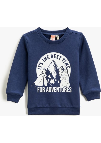 Sweatshirt Uzun Kollu Baskılı Bisiklet Yaka Pamuklu