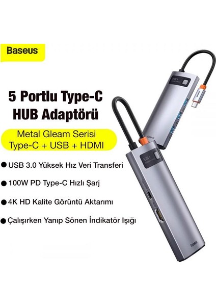 100W 5in1 Type-C Hub, 1x 4K Hdmi, 1x Pd Type C, 3x USB 3.0 Girişli Çoğaltıcı Adaptör