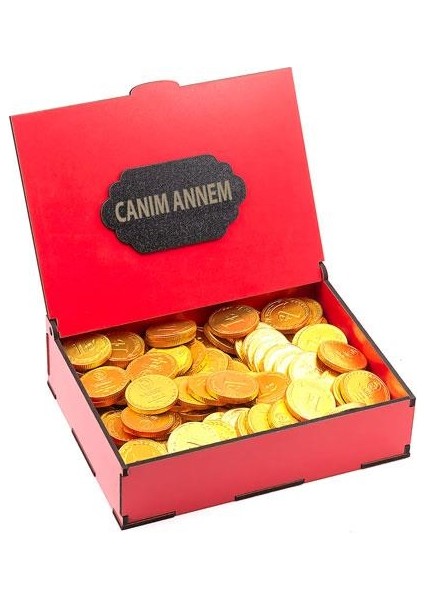 Sevdiklerinize Canım Annem Yazılı Kırmızı Ahşap Kutusunda Para Çikolata 250 gr