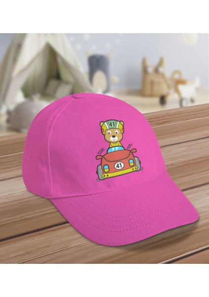 Kids Yarışçı Ayı Tasarımlı Cotton Çocuk Şapkası-Pembe
