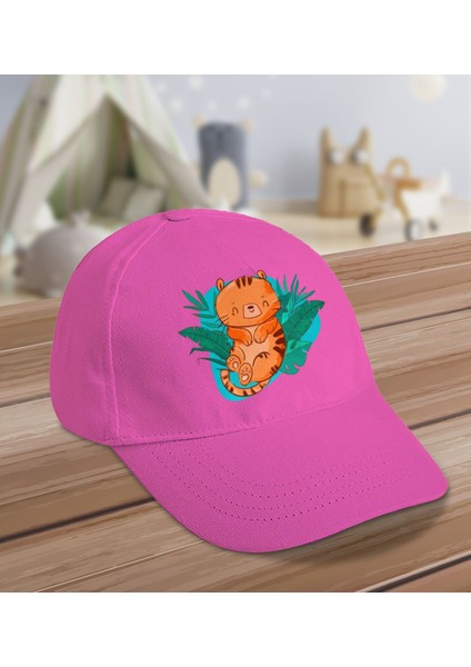Kids Sevimli Kaplan Tasarımlı Cotton Çocuk Şapkası-Pembe