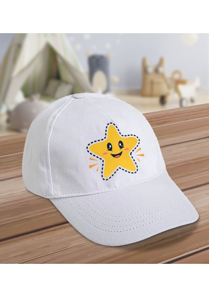 Kids Sevimli Yıldız Tasarımlı Cotton Çocuk Şapkası-Beyaz