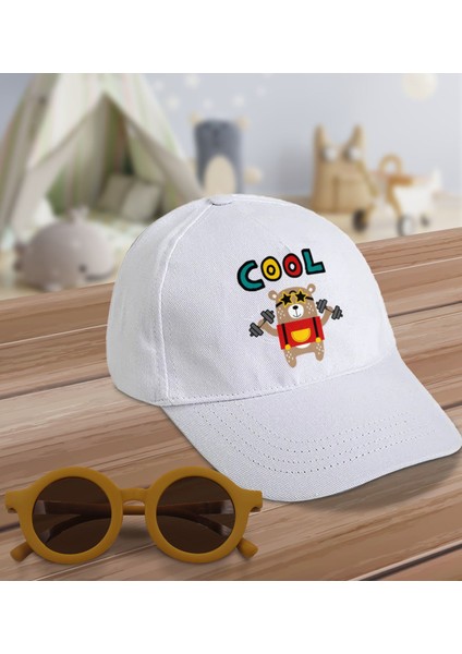 Kids Cool Tasarımlı Beyaz Cotton Çocuk Şapkası ve Sarı Çocuk Güneş Gözlüğü Hediye Seti-2