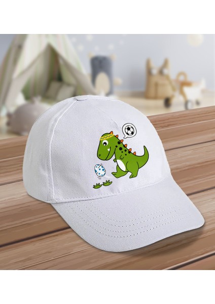 Kids Futbolcu Dinazor Tasarımlı Cotton Çocuk Şapkası-Beyaz