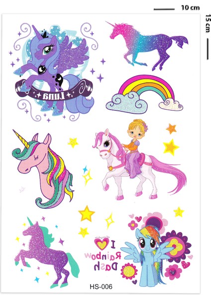 Simli Dövme Luna Gökkuşağı Renkli Pony Çocuk Dövmesi