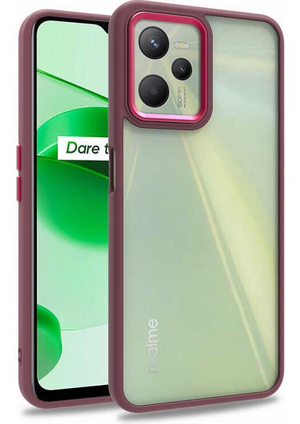 Realme C35 Kapak Metal Kamera Korumalı Arkası Şeffaf Silikon Kılıf - Kırmızı