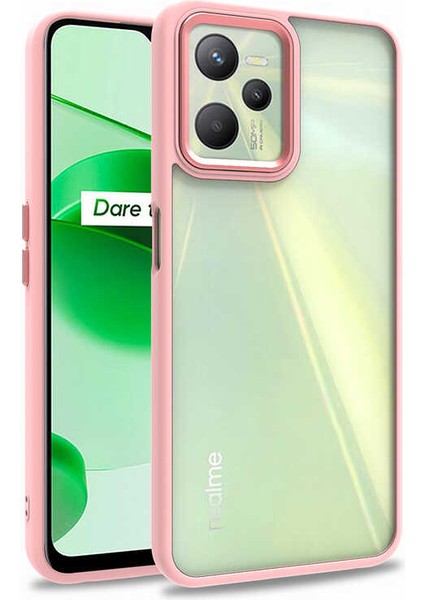 Realme C35 Kapak Metal Kamera Korumalı Arkası Şeffaf Silikon Kılıf - Rose Gold