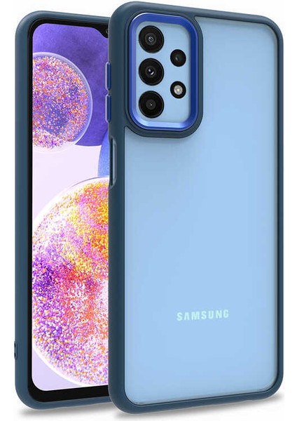 Case World Samsung Galaxy A23 ile Uyumlu Kapak Metal Kamera Korumalı Arkası Şeffaf Silikon ile Uyumlu Kılıf - Mavi