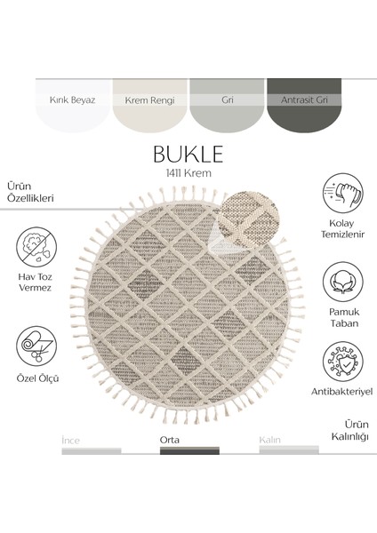 Bukle 1411 Krem Hav Toz Vermez Hasır Dokulu Bukle Örgü Modern Desen Yuvarlak Halı