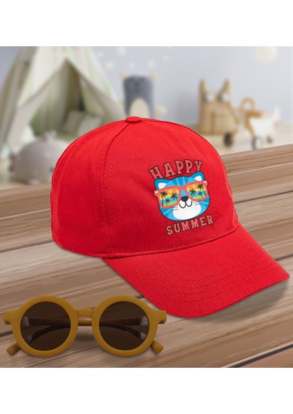 Bk Kids Happy Summer Tasarımlı Kırmızı Cotton Çocuk Şapkası ve Sarı Çocuk Güneş Gözlüğü Hediye Seti