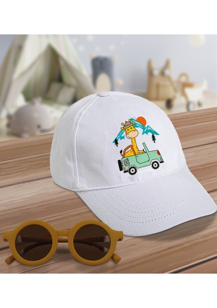 Kids Sevimli Zürafa Tasarımlı Beyaz Cotton Çocuk Şapkası ve Sarı Çocuk Güneş Gözlüğü Hediye Seti-2