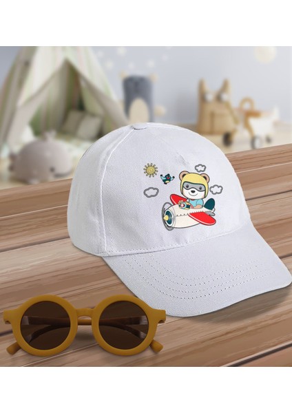Kids Sevimli Pilot Tasarımlı Beyaz Cotton Çocuk Şapkası ve Sarı Çocuk Güneş Gözlüğü Hediye Seti-2