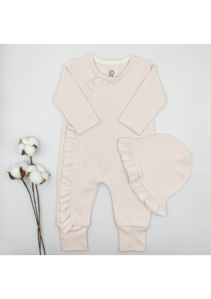 Fitilli Fırfırlı Şapkalı Gül Kurusu Kız Bebek Tulumu %100 Cotton