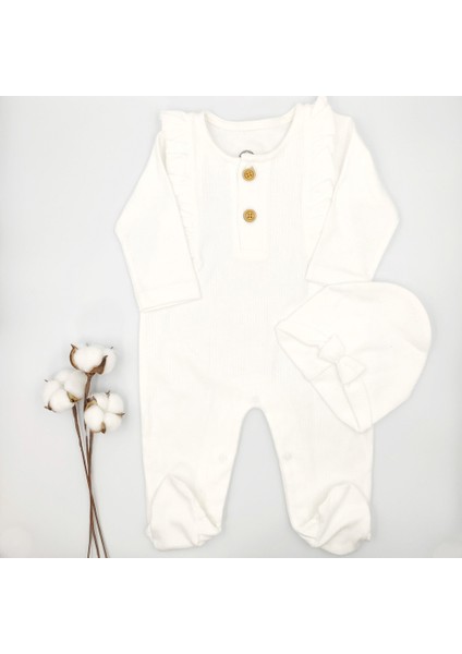 Fitilli Fırfırlı Patikli Şapkalı Krem Kız Bebek Tulumu %100 Cotton