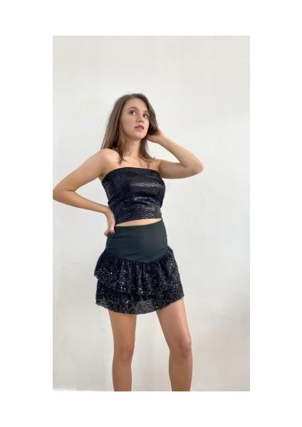 Fırfırlı Payetli Siyah Mini Etek, Tasarım, Hediye