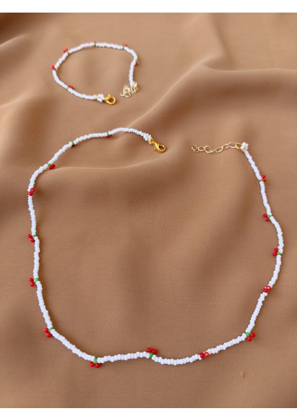 Kirazlı Kum Boncuk Kolye Bileklik Takım