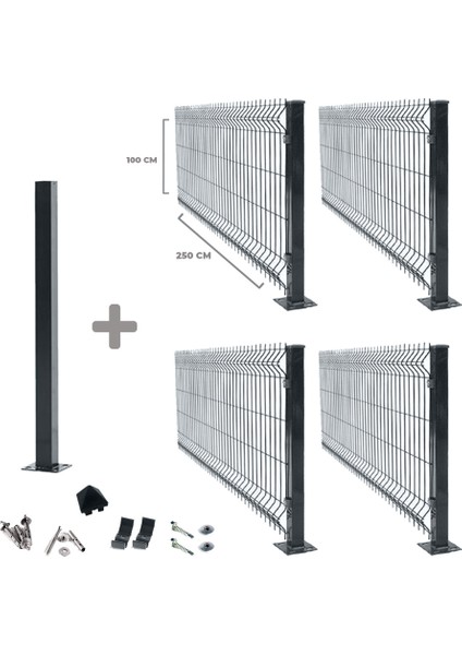 4 'lü Panel Çit Takım 100X250 cm Çift Telli Antrasit + 1 Direk Avantaj Paketi (10 Metre)