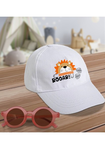 Kids Roar Tasarımlı Beyaz Cotton Çocuk Şapkası ve Pembe Çocuk Güneş Gözlüğü Hediye Seti