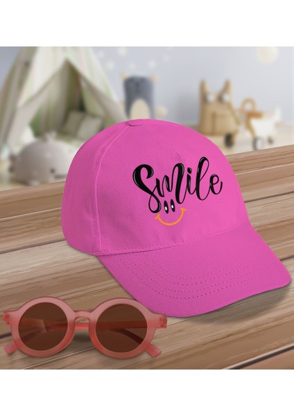 Kids Smile Tasarımlı Pembe Cotton Çocuk Şapkası ve Pembe Çocuk Güneş Gözlüğü Hediye Seti-2