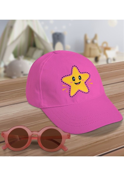 Kids Sevimli Yıldız Tasarımlı Pembe Cotton Çocuk Şapkası ve Pembe Çocuk Güneş Gözlüğü Hediye Seti