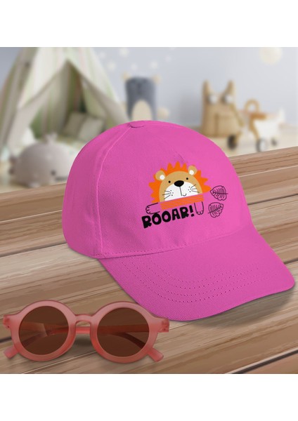 Kids Roar Tasarımlı Pembe Cotton Çocuk Şapkası ve Pembe Çocuk Güneş Gözlüğü Hediye Seti