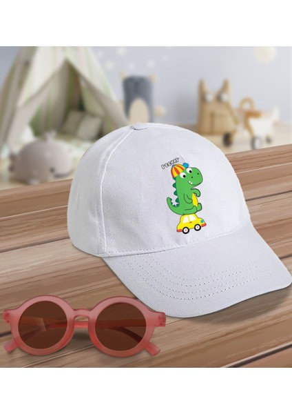 Kids Sevimli Dinozor Tasarımlı Beyaz Cotton Çocuk Şapkası ve Pembe Çocuk Güneş Gözlüğü Hediye Seti