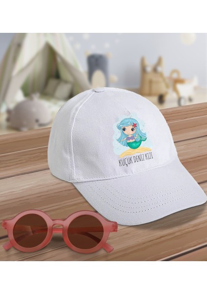 Kids Küçük Deniz Kızı Tasarımlı Beyaz Cotton Çocuk Şapkası ve Pembe Çocuk Güneş Gözlüğü Hediye Seti