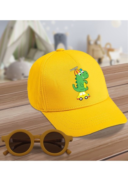 Kids Sevimli Dinozor Tasarımlı Sarı Cotton Çocuk Şapkası ve Sarı Çocuk Güneş Gözlüğü Hediye Seti