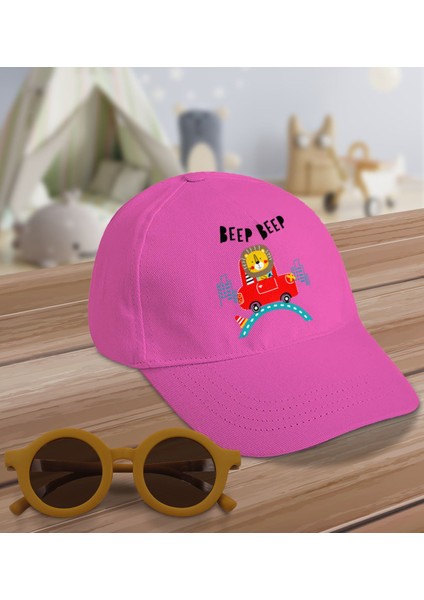 Kids Sevimli Aslan Tasarımlı Pembe Cotton Çocuk Şapkası ve Sarı Çocuk Güneş Gözlüğü Hediye Seti