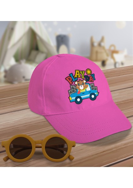 Kids Play Day Tasarımlı Pembe Cotton Çocuk Şapkası ve Sarı Çocuk Güneş Gözlüğü Hediye Seti