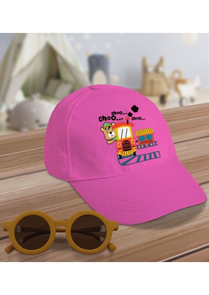 Kids Tren Tasarımlı Pembe Cotton Çocuk Şapkası ve Sarı Çocuk Güneş Gözlüğü Hediye Seti