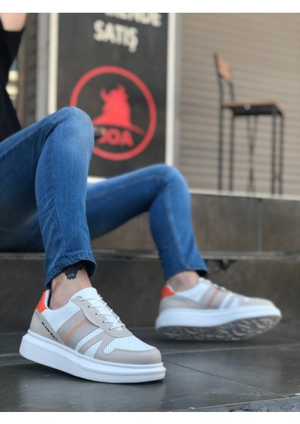 BA0548 Boa Kalın Yüksek Krem Beyaz Taban Beyaz Bağcıklı Spor Erkek Ayakkabı