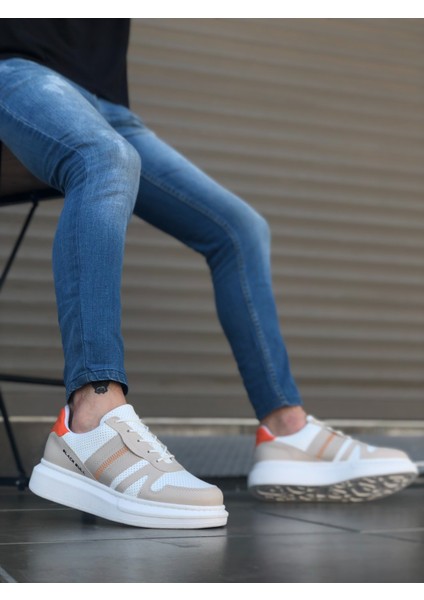 BA0548 Boa Kalın Yüksek Krem Beyaz Taban Beyaz Bağcıklı Spor Erkek Ayakkabı