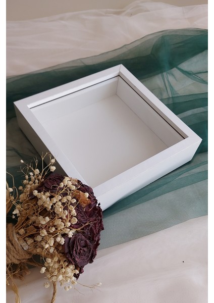 25 x 25 cm 7 cm Derin Beyaz Gül Kutusu Anı Çerçevesi! Üsten Açılır Pleksi Cam Yeni Model
