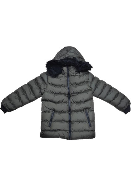 Erkek Çocuk Şerit Detaylı Fermuar Cepli Tüylü Kapüşonlu Şişme Mont Kaban 4001