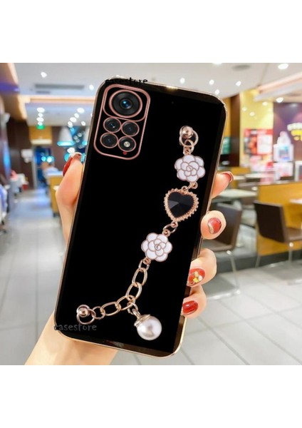 Xiaomi Redmi Note 11 Pro 4.5g Kılıf Kamera Korumalı Parlak Gold Kenar Kristal Taşlı Arkası Bileklik Tutacaklı Silikon fiyatları