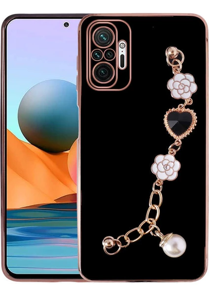 MTK Moveteck Xiaomi Redmi Note 10 Pro Kılıf Kamera Korumalı Parlak Gold Kenar Kristal Taşlı Arkası Bileklik Tutacaklı Silikon