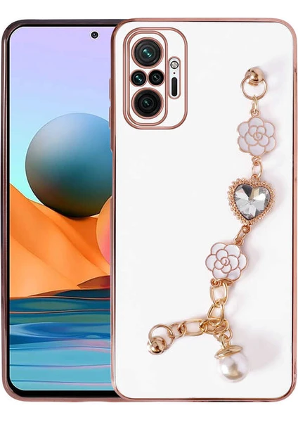 MTK Moveteck Xiaomi Redmi Note 10 Pro Kılıf Kamera Korumalı Parlak Gold Kenar Kristal Taşlı Arkası Bileklik Tutacaklı Silikon