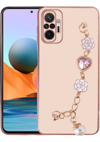 Xiaomi Redmi Note 10 Pro Kılıf Kamera Korumalı Parlak Gold Kenar Kristal Taşlı Arkası Bileklik Tutacaklı Silikon