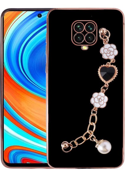 Xiaomi Redmi Note 9 Pro Kılıf Kamera Korumalı Parlak Gold Kenar Kristal Taşlı Arkası Bileklikli Tutacaklı Silikon