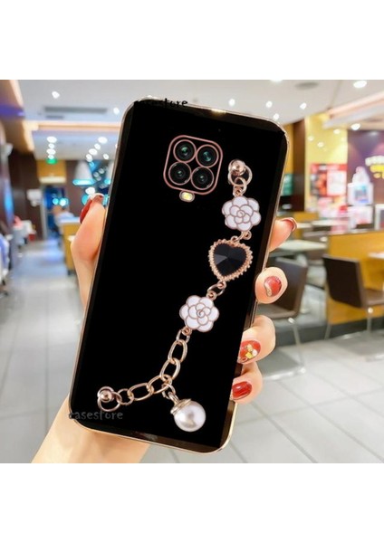 Xiaomi Redmi Note 9 Pro Kılıf Kamera Korumalı Parlak Gold Kenar Kristal Taşlı Arkası Bileklikli Tutacaklı Silikon