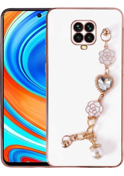 Xiaomi Redmi Note 9 Pro Kılıf Kamera Korumalı Parlak Gold Kenar Kristal Taşlı Arkası Bileklikli Tutacaklı Silikon