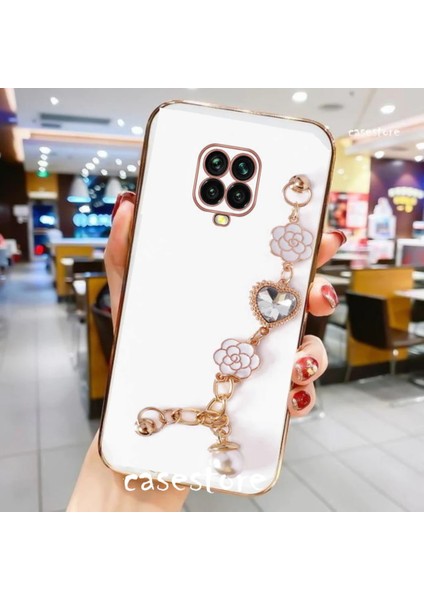 Xiaomi Redmi Note 9 Pro Kılıf Kamera Korumalı Parlak Gold Kenar Kristal Taşlı Arkası Bileklikli Tutacaklı Silikon