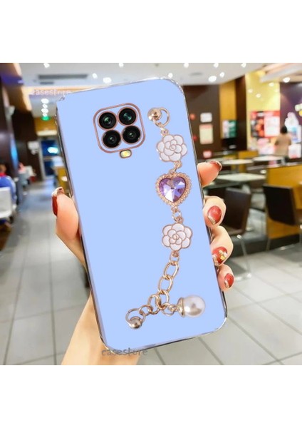 Xiaomi Redmi Note 9 Pro Kılıf Kamera Korumalı Parlak Gold Kenar Kristal Taşlı Arkası Bileklikli Tutacaklı Silikon