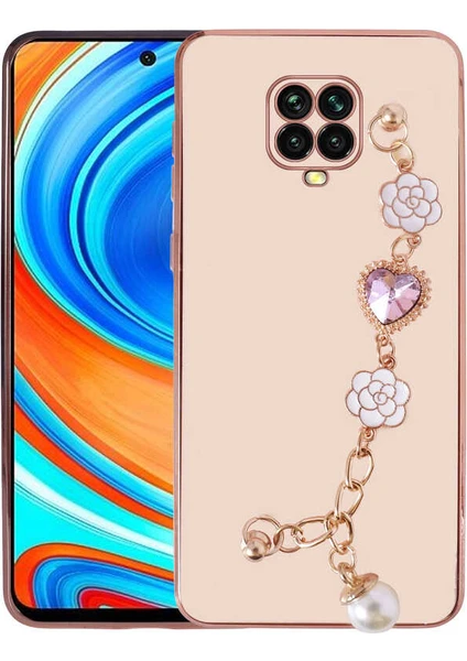 MTK Moveteck Xiaomi Redmi Note 9 Pro Kılıf Kamera Korumalı Parlak Gold Kenar Kristal Taşlı Arkası Bileklikli Tutacaklı Silikon