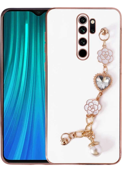 MTK Moveteck Xiaomi Redmi Note 8 Pro Kılıf Kamera Korumalı Parlak Gold Kenar Kristal Taşlı Arkası Bileklikli Tutacaklı Silikon