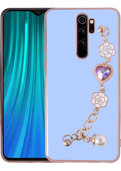 Xiaomi Redmi Note 8 Pro Kılıf Kamera Korumalı Parlak Gold Kenar Kristal Taşlı Arkası Bileklikli Tutacaklı Silikon